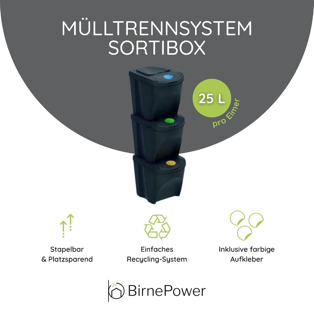 BirnePower Mülleimer Müllbehälter Abfalleimer 75L Set 3 x 25L Mülltrennsystem Behälter Sorti Box mit