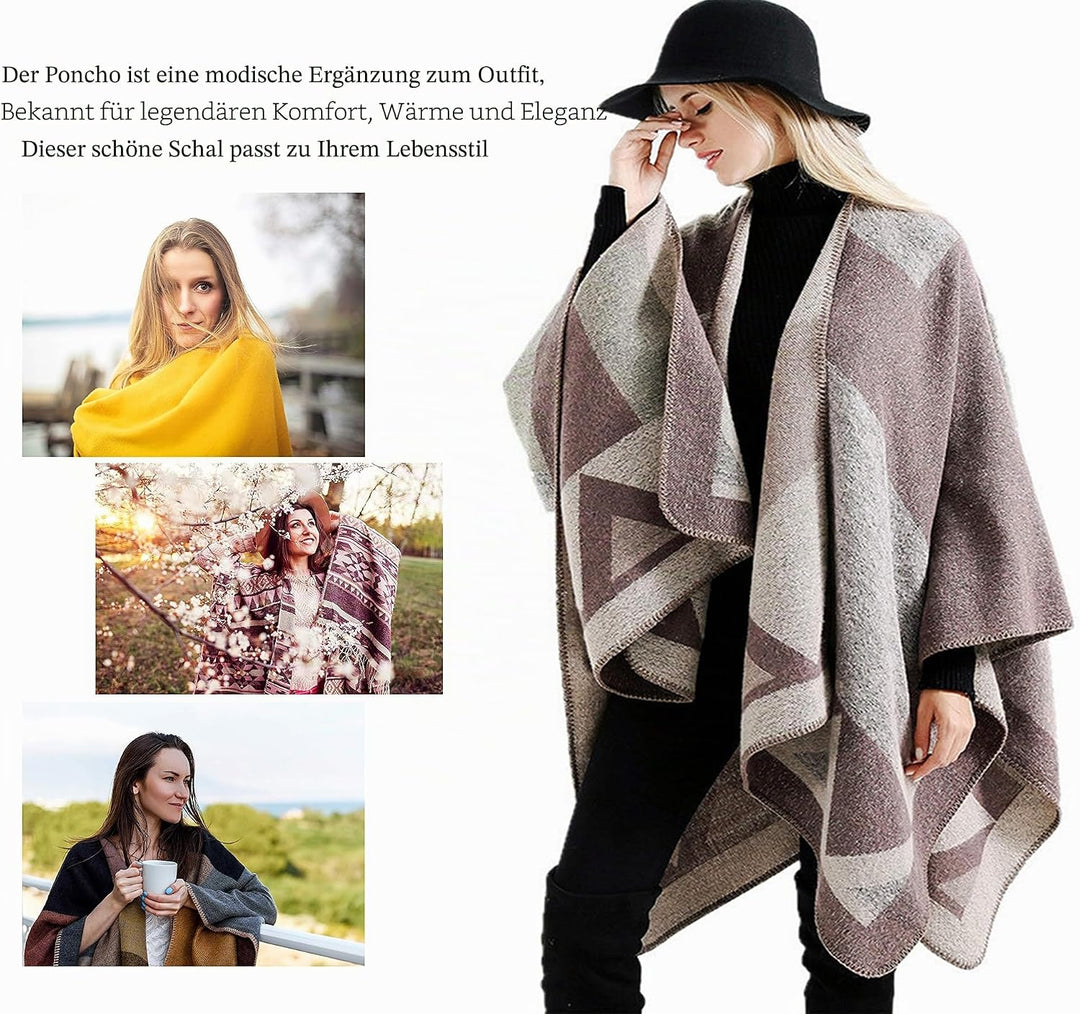 Shmily Girl - Damen Poncho Habe Gestrickt Überdimensionalen Decke Kap-Schal A - Beige Blockfarbe, A