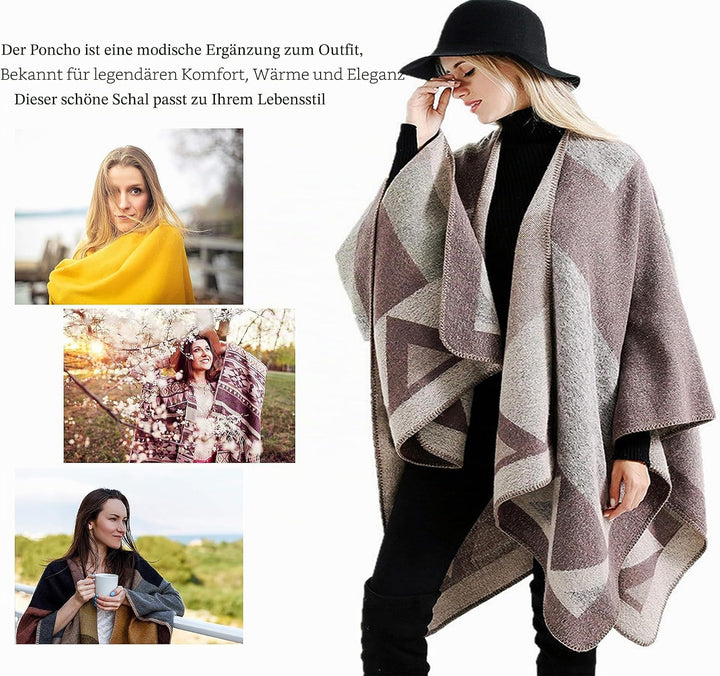 Shmily Girl - Damen Poncho Habe Gestrickt Überdimensionalen Decke Kap-Schal A - Beige Blockfarbe, A