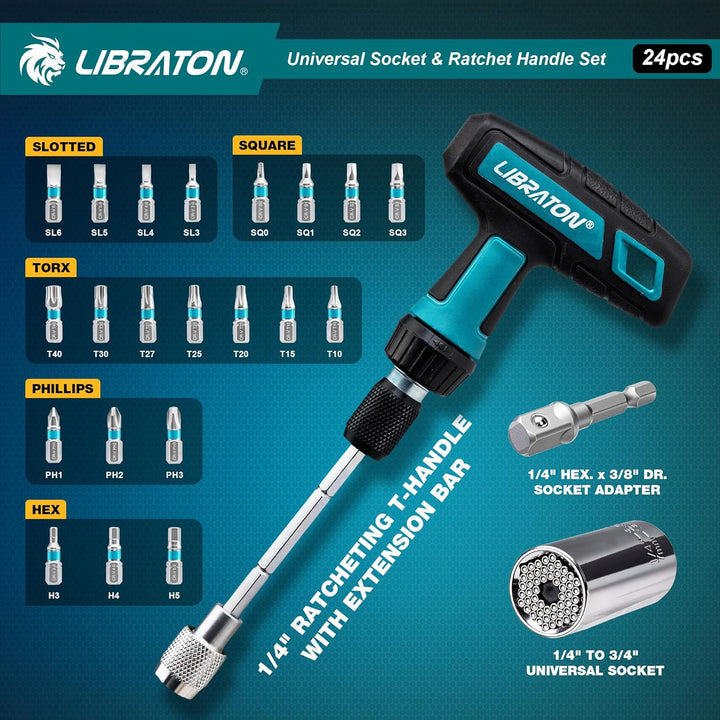 LIBRATON 24-tlg. 1/4" Drive T-Griff Ratsche & Universalschlüssel, Bitsatz, Steckschlüssel adapter Ad