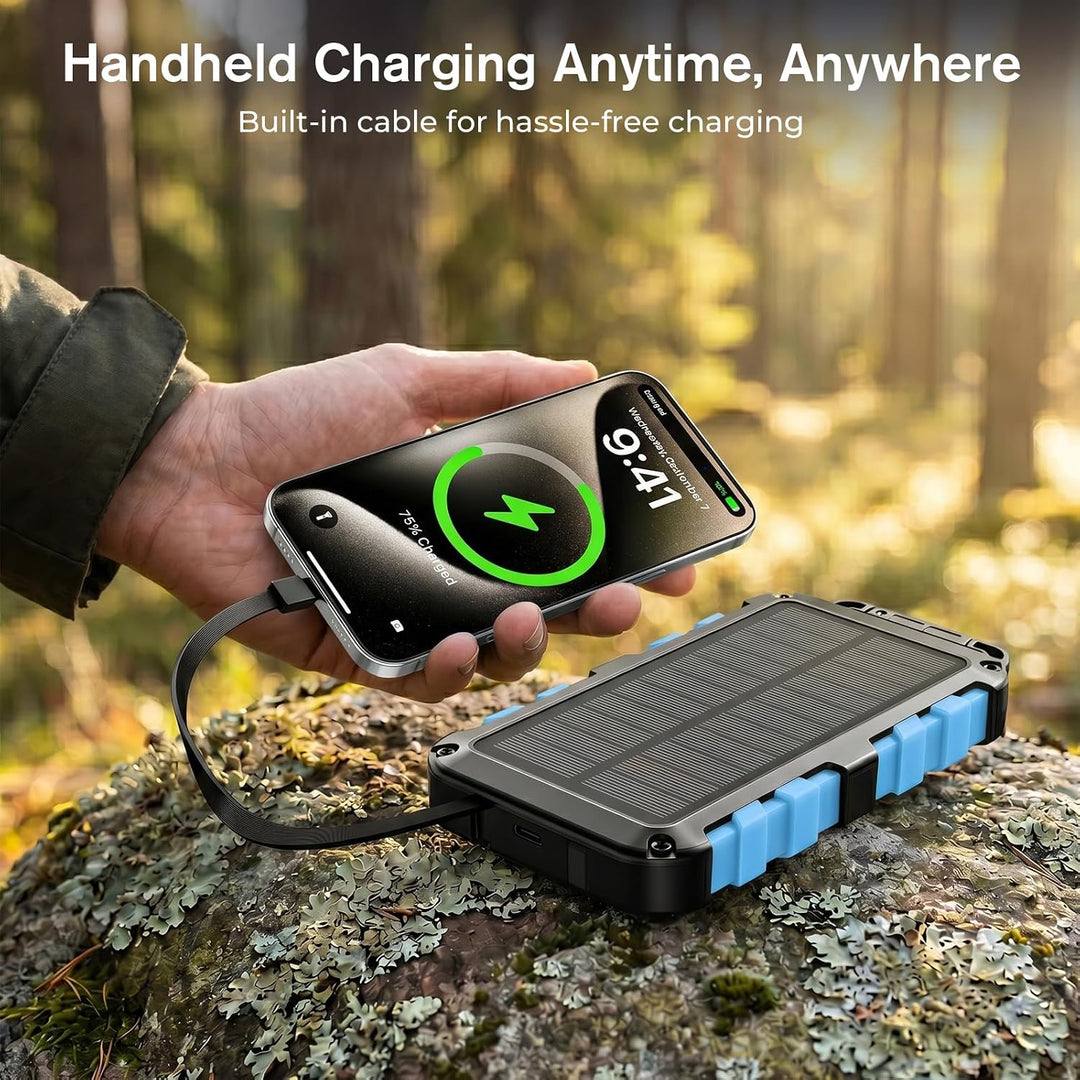 Solar Powerbank 10000mAh 22.5W PD für Smartphones, Tablets und mehr | 2 Integrierte Ausgangskabel US