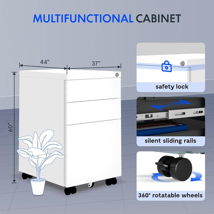 FLEXISPOT Rollcontainer mit 3 Schubladen, mobiler Aktenschrank mit Rollen, Schubladenschrank Bürosch