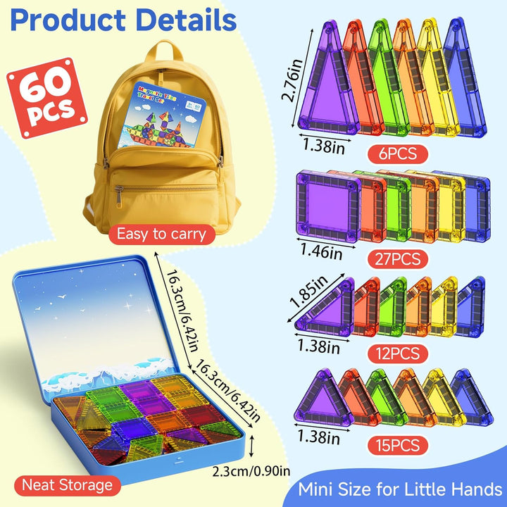 Magnetische Bausteine für Kinder 60pcs Magnetbausteine STEM Magnetische Tiles mit tragbarer Stahlbox