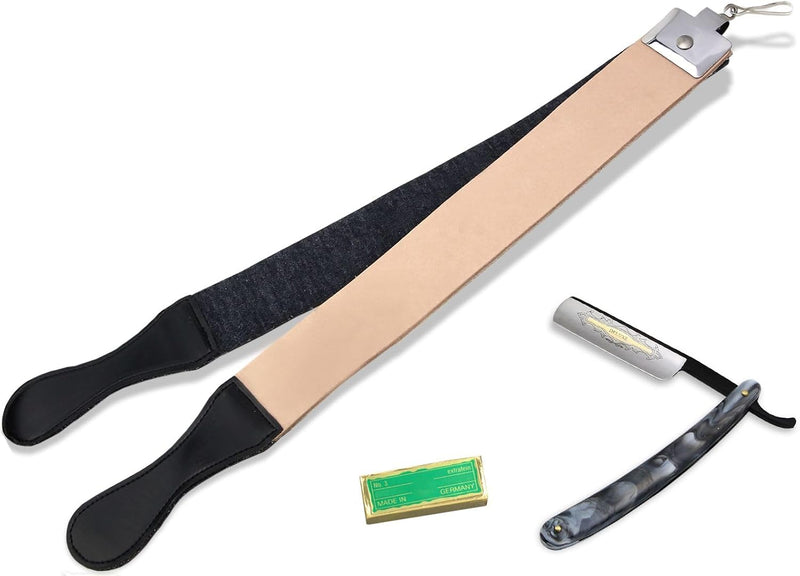 Herren Geschenk Set Rasiermesser Goldätzung Paste Solingen und Leder Abziehriemen