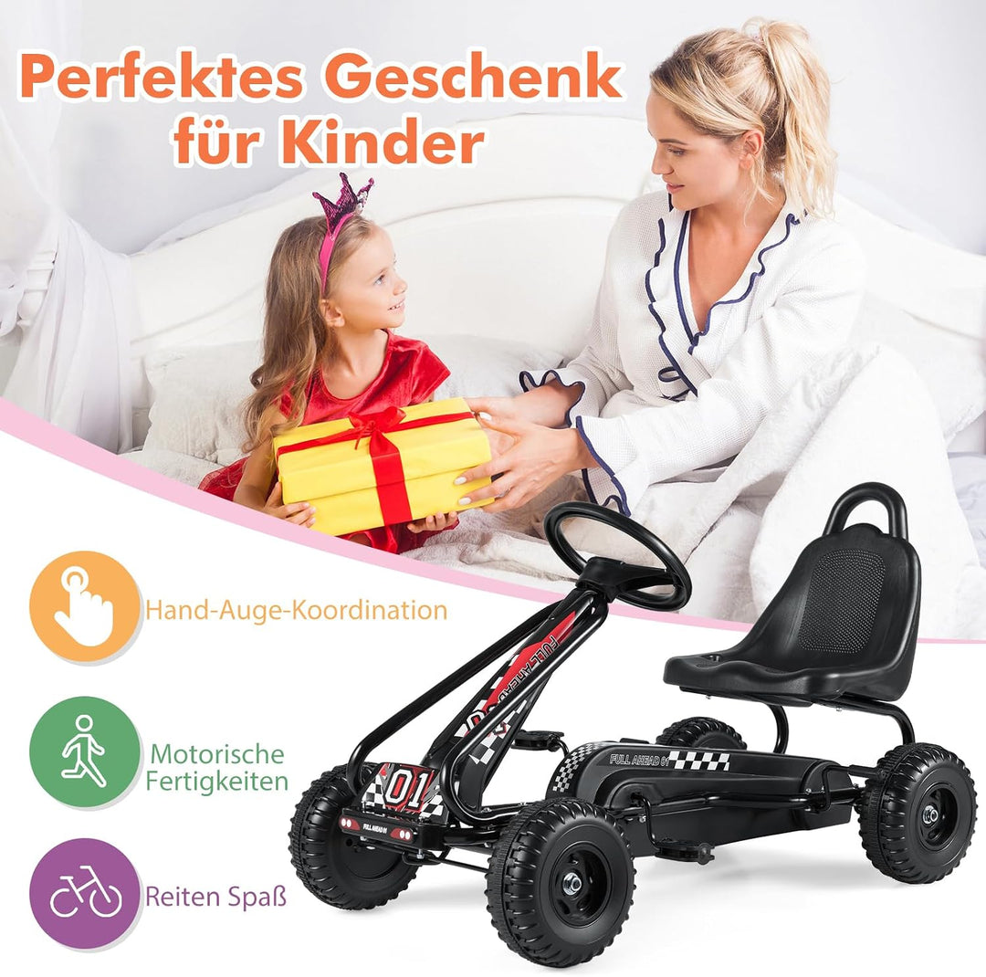 COSTWAY Gokart mit verstellbarem Sitz, Go Kart mit Handbremse, Tretauto bis 30 kg belastbar, Pedal G