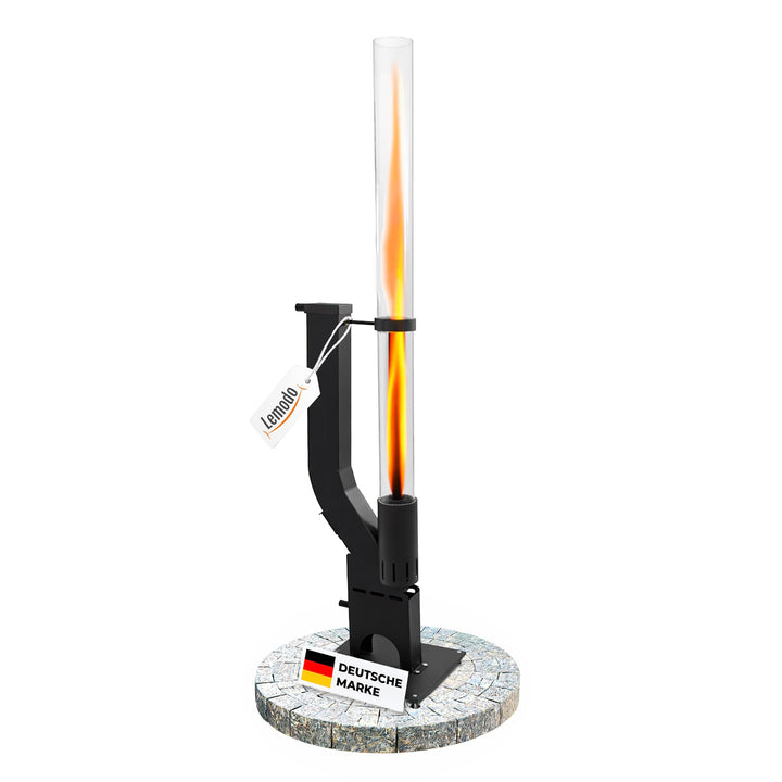 Lemodo Pelletfackel Prime, Feuersäule Outdoor mit Glasröhre, für Garten & Terrasse, für Holzpellets,
