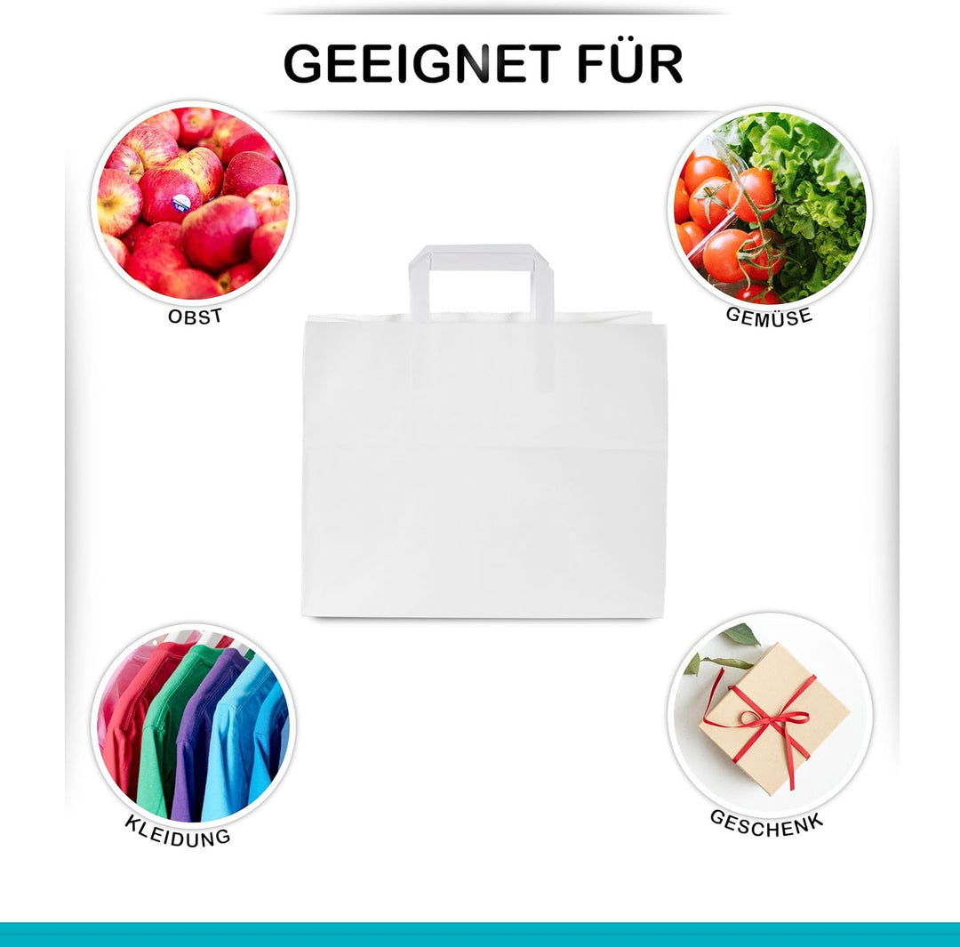 Commerline Papiertüten 250 Stück, Weiss, 32+17x27 cm | Kraftpapier Tüten Klein Mit Henkel | Tragetas