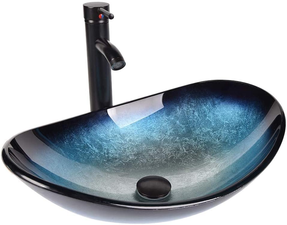 ARTETHYS Waschbecken Glas Aufsatzwaschbecken mit Wasserhahn Ablaufgarnitur, Oval Waschschale Waschti