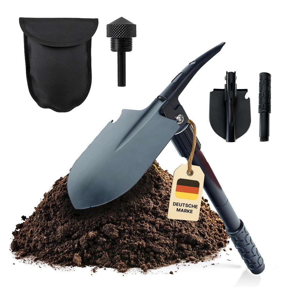 novaterra® Klappspaten 7in1 Multifunktionsspaten mit Säge &amp; Feuerstein Schwarz, Schwarz