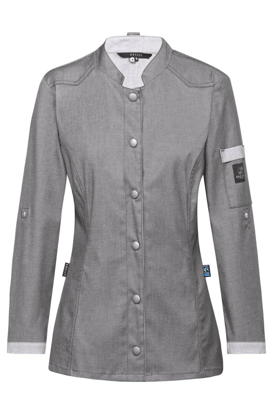 GREIFF Damen Kochjacke Im Bikerstyle Bäckerjacke Regular Fit Langarm mit Druckknopfverschluss XL Gra