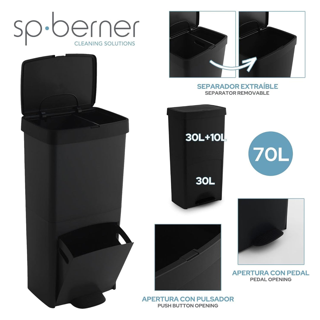 SP Berner – Recycling-Abfalleimer 70 l mit Pedal – 3 Fächer (30 l + 10 l + 30 l) – Ideal für Küche,