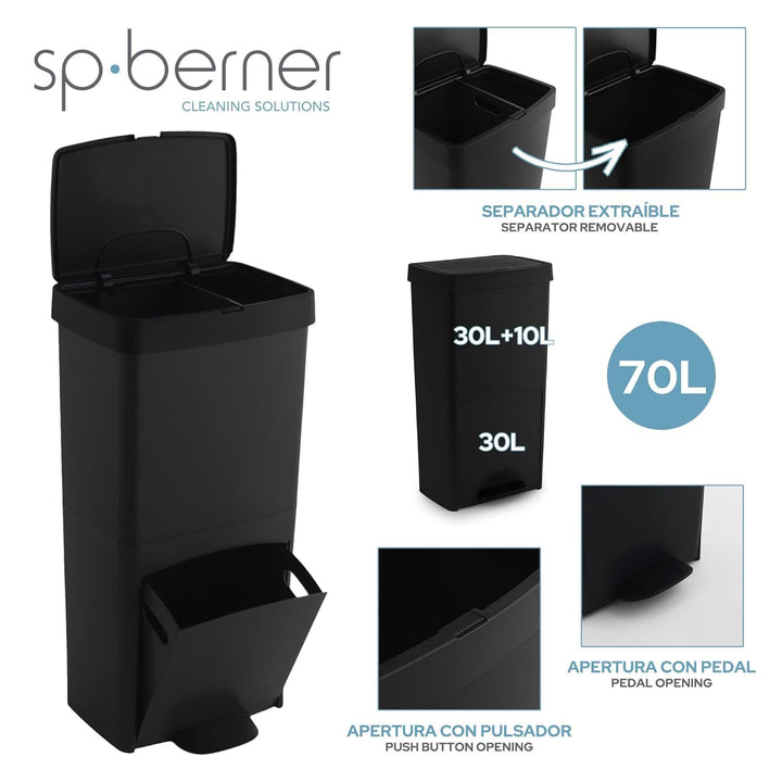 SP Berner – Recycling-Abfalleimer 70 l mit Pedal – 3 Fächer (30 l + 10 l + 30 l) – Ideal für Küche,