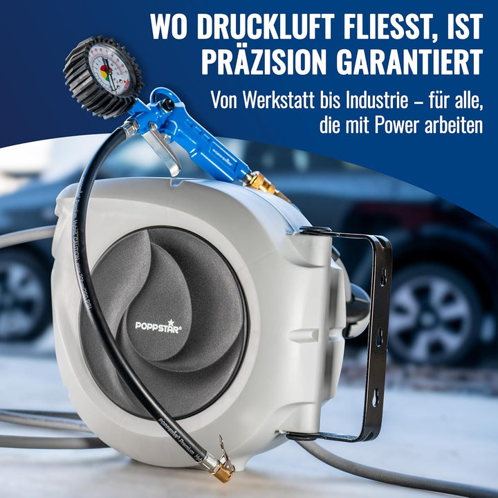 Poppstar Druckluftschlauchtrommel (10m+1m, Durchmesser 5/16" (8x12mm)) Schnellkupplung 1/4" BSPT, Sc