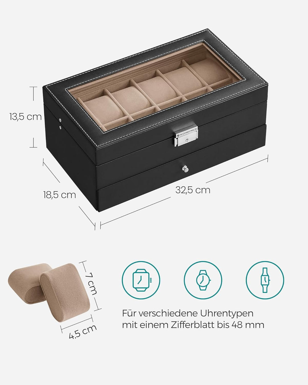 SONGMICS Uhrenbox mit 2 Ebenen, Uhrenkasten, 12 Fächer und 1 Schublade, Glasdeckel, Uhrenkoffer, für