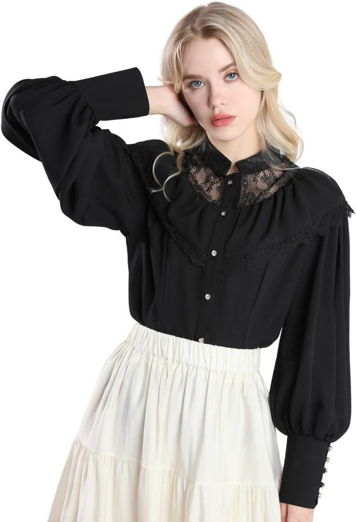 Fiamll Damen Viktorianisch Bluse Vintage Schleifenhemd Stehkragen mit Rüschen Langarmshirt Mittelalt