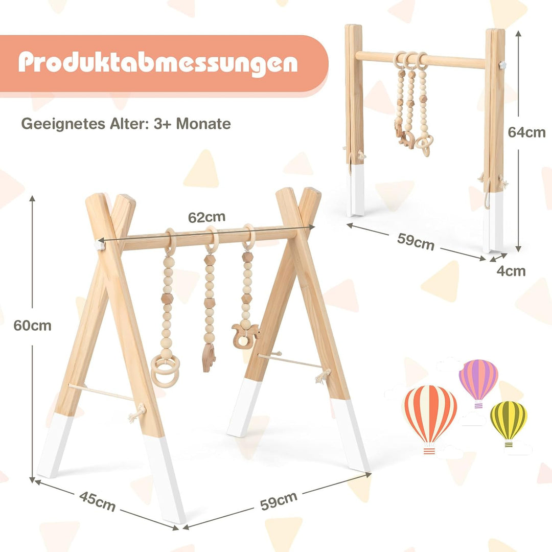 COSTWAY Baby Spielbogen Holz, Spieltrapez klappbar, Baby Gym mit 3 abnehmbaren Kinderspielzeugen, Sp