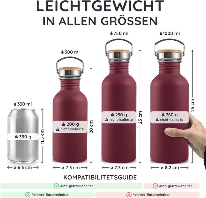 Bambaw Trinkflasche Edelstahl Kinder 500ml, Nicht-isolierte Trinkflasche Rot, Edelstahl Fahrrad Trin