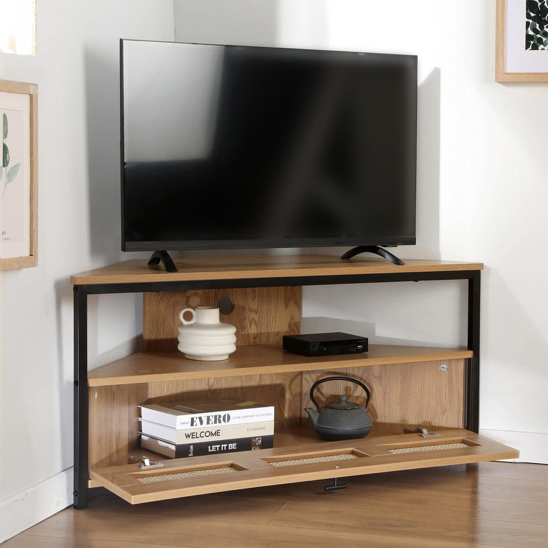 Calicosy - TV-Eckschrank, 1 Klapptür, Geflecht aus Rattan, Holzdekor, Spanplatten, Metallfüsse, Wohn