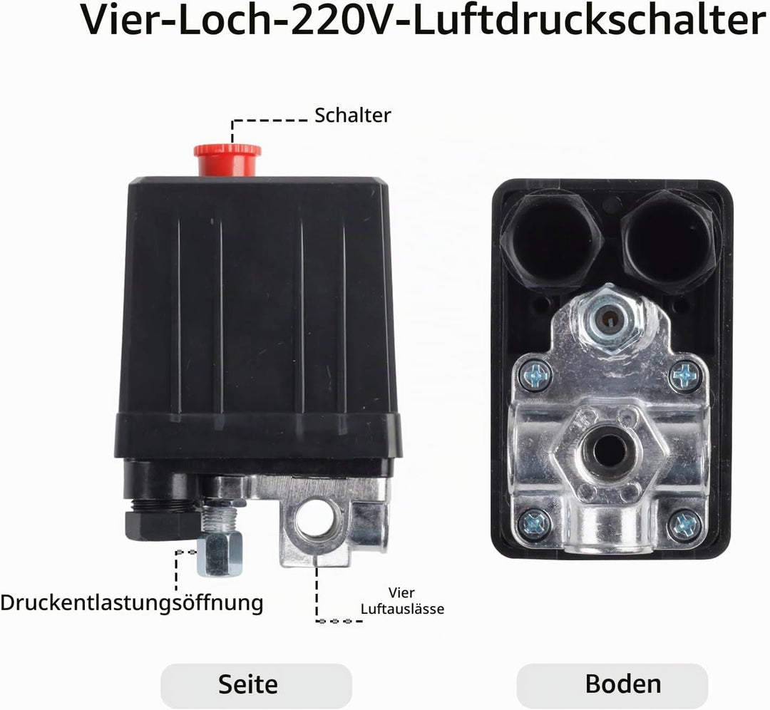 Druckschalter Kompressor 220V Luftkompressor Druckschalter 4 Loch Luftkompressorregler Mehrzweck Dru