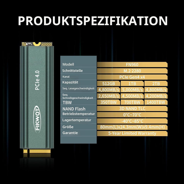 Fikwot FN960 2TB M.2 2280 PCIe Gen4 x4 NVMe 1.4 Internes Solid State Drive mit Kühlkörper – Bis zu 5