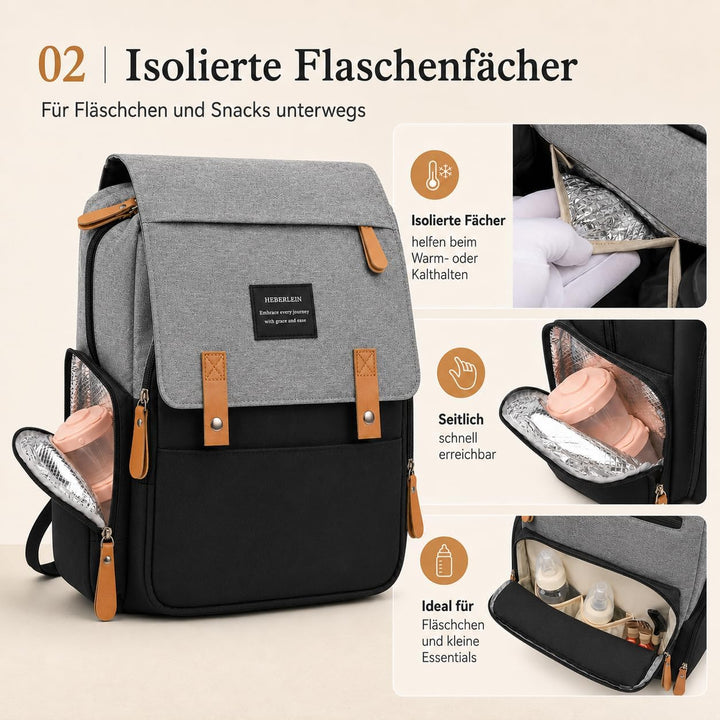 Heberlein Prestige Baby Wickelrucksack - grosse Wickeltasche für Mama &amp; Papa, wasserabweisend mit vi