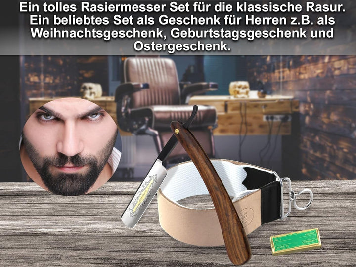 Rasiermesser Herren Set Nassrasierer Rasierset mit Solingen Paste, Rasierklinge und Profi Kombi Lede