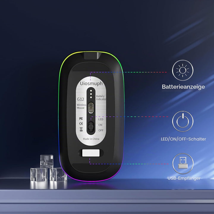Uiosmuph G12 Maus Kabellos, LED 2.4G Leise Funkmaus Wiederaufladbar Wireless Mousemit Nano-USB-Empfä