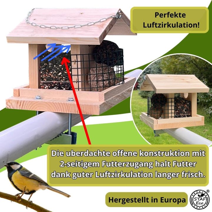 Vogelfutterhaus Vogelhaus Balkon aus natürlichem Holz mit Halterung für das Geländer und Kette zum A