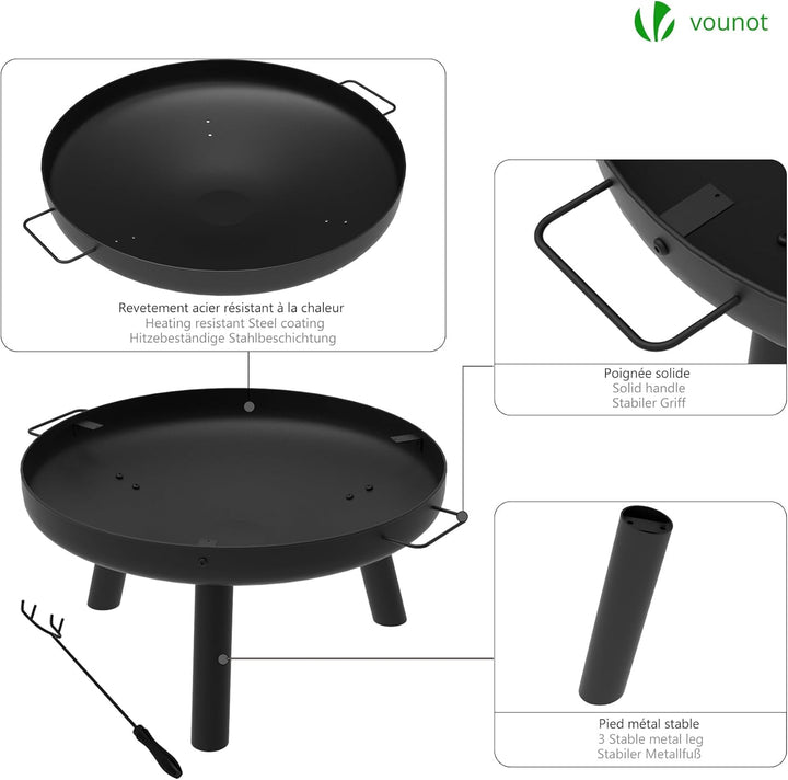 VOUNOT® Feuerschale Ø 61 cm Metall Feuerkorb mit Schürhaken Feuerstelle für den Garten, Terrasse, He