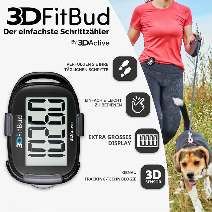 3DFitBud Einfacher Schrittzähler 3D von 3DActive mit Clip Lanyard Präziser Schrittzähler Grosses Dis