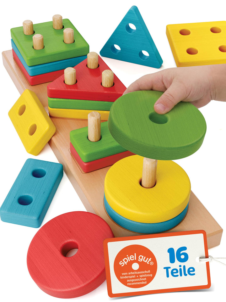 Steckspiel ab 1 Jahr, 4in1 Formen Sortierspiel ab 2 Jahre mit 16 Formen, Montessori Steckspiel Holz,