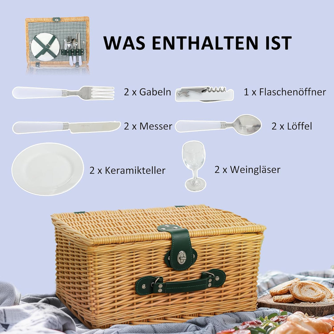 Outsunny Picknickkorb aus Weidenholz Besteck Set mit Isoliert Kühlfach für 2 Personen Picknick Set,