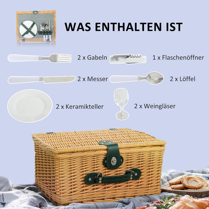 Outsunny Picknickkorb aus Weidenholz Besteck Set mit Isoliert Kühlfach für 2 Personen Picknick Set,