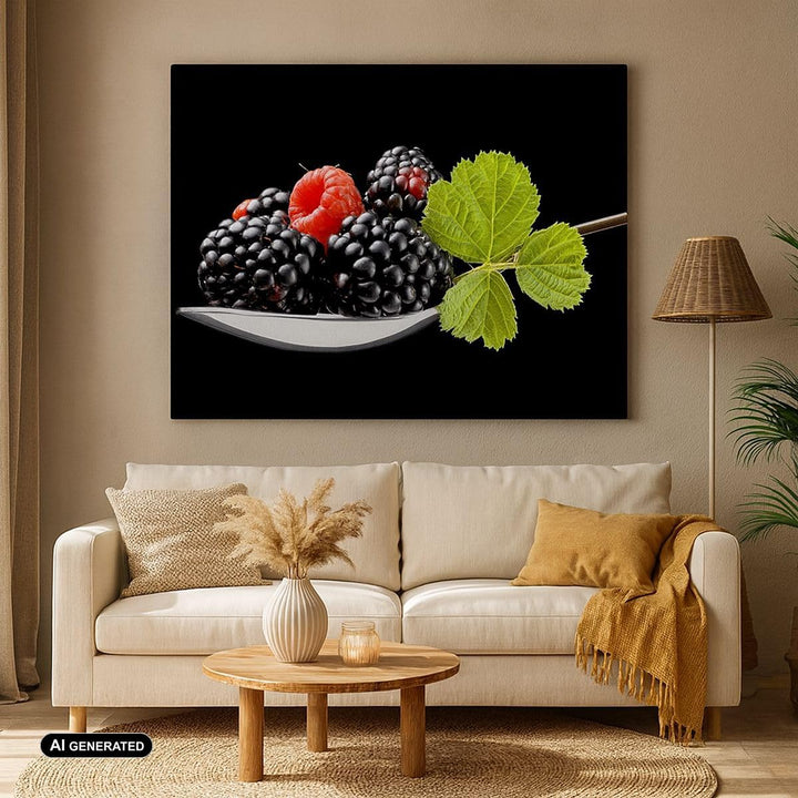 Bilder auf Leinwand Löffel Himbeere Brombeere Frucht Leinwandbild 70x50cm Wandbilder Dekoration Wohn