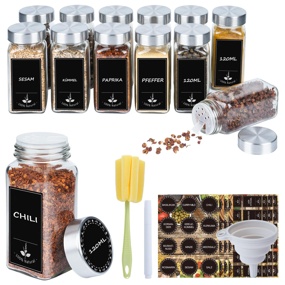 Gewürzgläser Eckig 12er Set 120ml – Gewürzdosen mit Streueinsatz, luftdichtem Schraubdeckel, Inkl. T