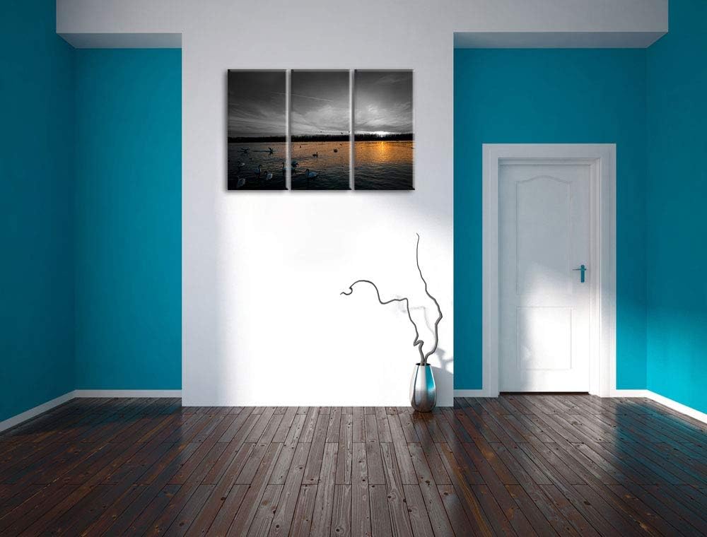 Weisse Schwäne im Sonnenuntergang schwarz/weiss 3-Teiler Leinwandbild 120x80 Bild auf Leinwand, XXL