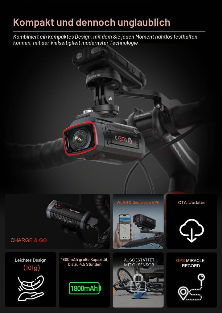 AKY-710S Fahrradkamera mit Halterung, 4K 28fps, 2K 55fps, Weitwinkel 142°, IP67, 5MP, Schleifen- und