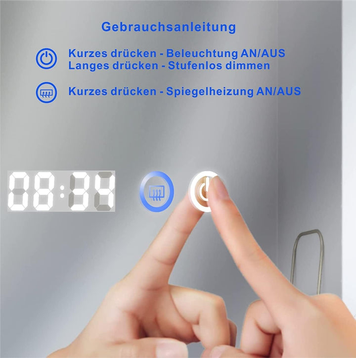 AQUABATOS Badspiegel mit Beleuchtung 100x70 cm Uhr Schminkspiegel LED Badezimmerspiegel Licht beleuc