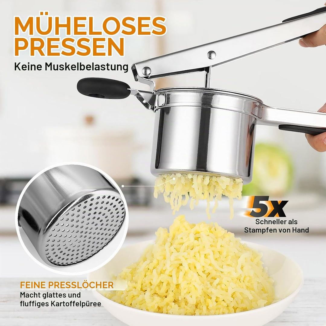 Kartoffelpresse 15oz, robuster Kartoffelstampfer aus Edelstahl mit 3 austauschbaren Scheiben, grosse