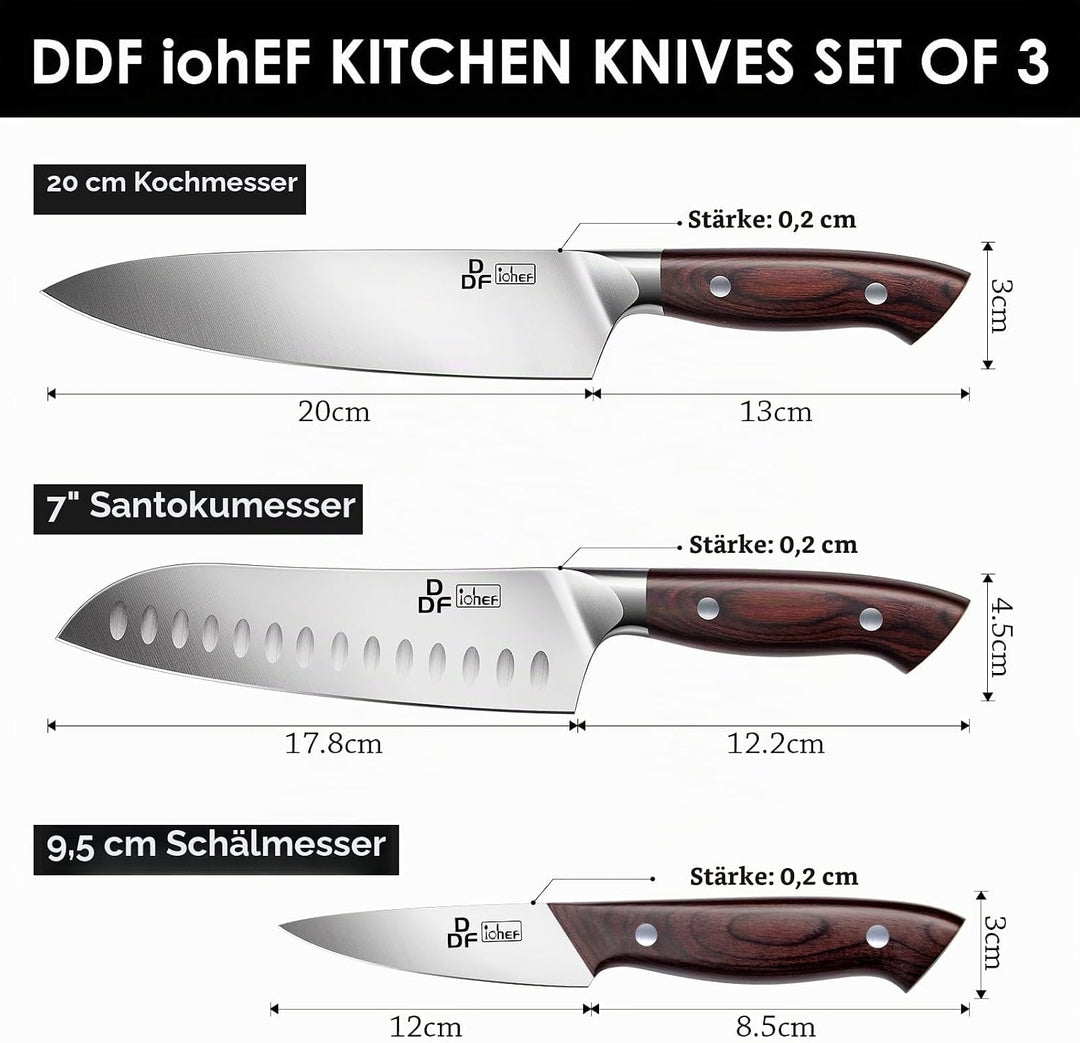 DDF iohEF Küchenmesserset 3 tlg, Messerset Santoku Meser Kochmesser Schälmesser Gemüsemesser Obstmes