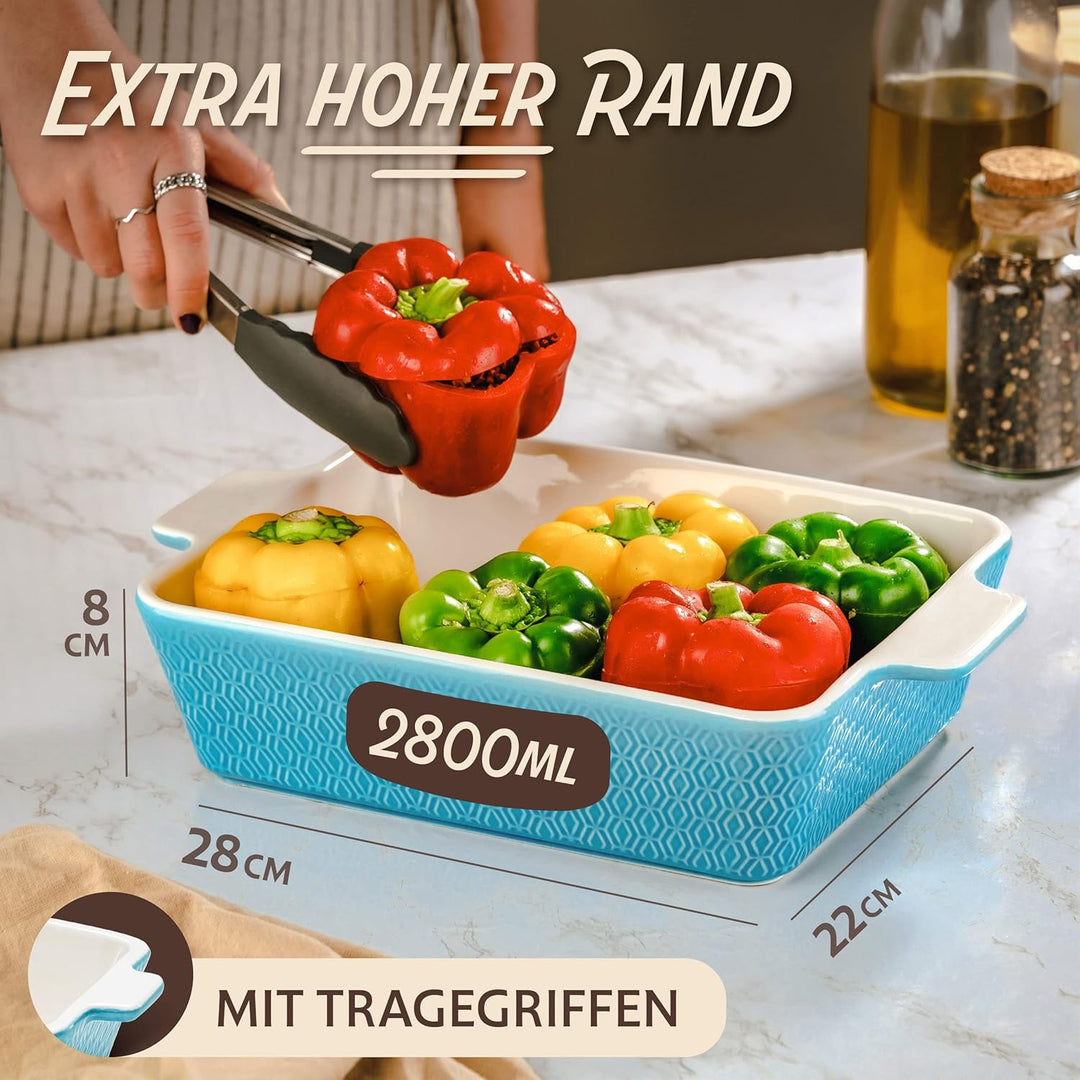 Auflaufform Gross aus Keramik - Für Lasagne, Tiramisu & Auflauf - Extra Hoher Rand - Eckige Backform