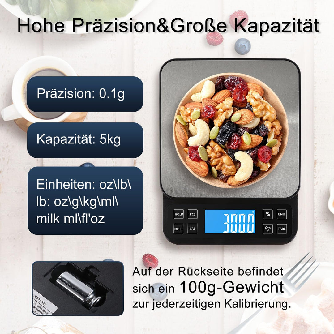 BOMATA 0.1g/5kg Grosse Digitale Küchenwaage, Hochpräzise Bäckereiwaage mit% Prozentfunktion. USB auf