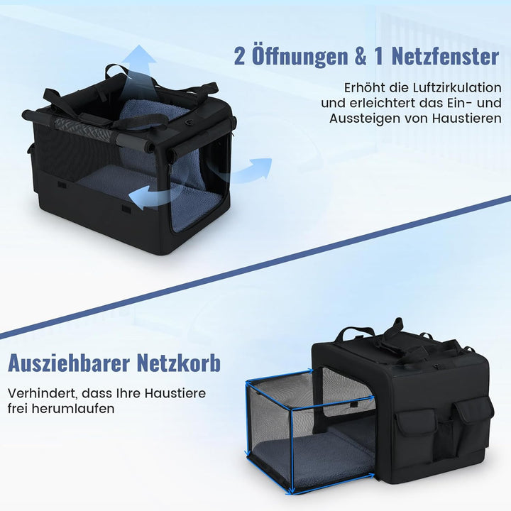 COSTWAY Hundebox faltbar, Transportbox Hund mit 2 Öffnungen, Fenster, Netzkorb, Griffen & Tasche, Hu
