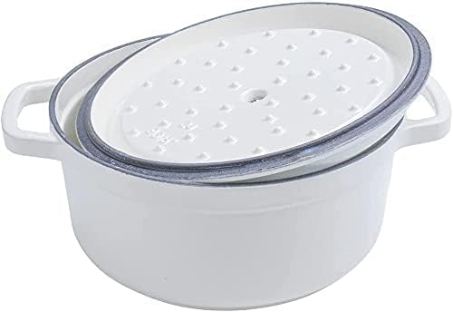 Runder Kochtopf aus Gusseisen mit glasierter Keramikbeschichtung, Cocotte mit Deckel. Gourmet Tools