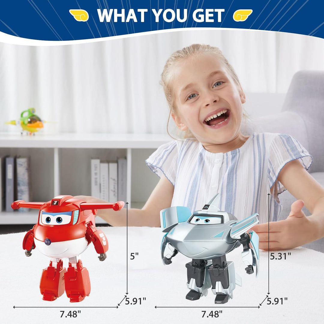 Super Wings Transforming Spielzeug 2PCS Jett & Traver, 2 in 1 Action Figur, 12,7 cm grosses Flugzeug