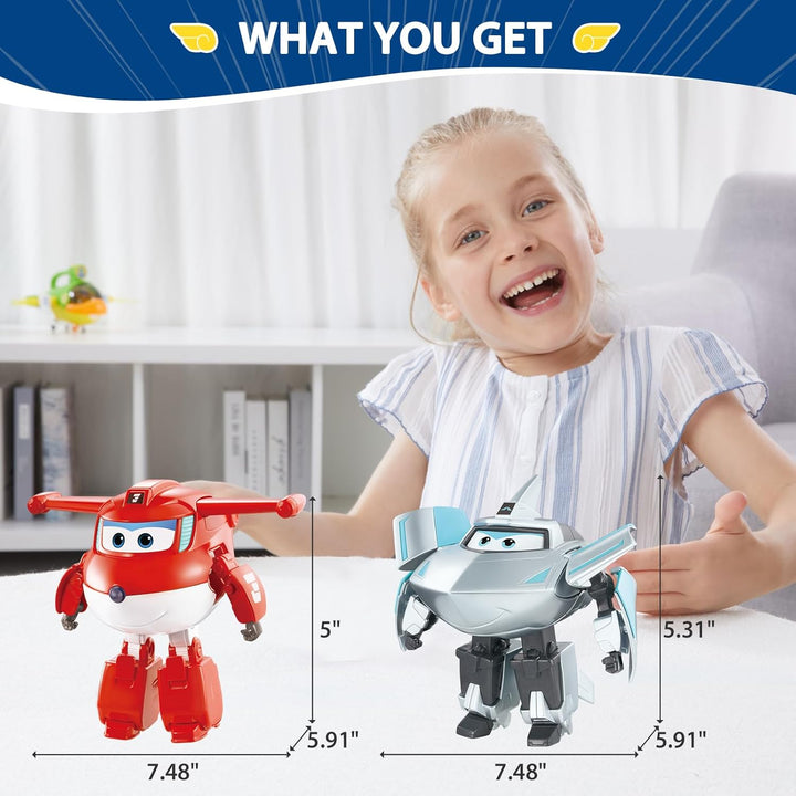 Super Wings Transforming Spielzeug 2PCS Jett & Traver, 2 in 1 Action Figur, 12,7 cm grosses Flugzeug