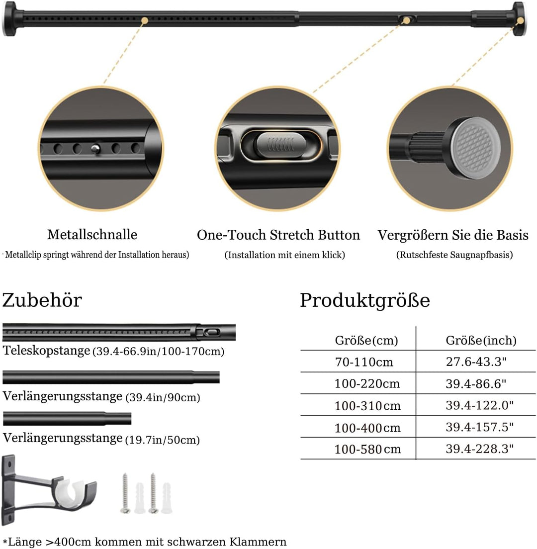 Gardinenstange ohne Bohren 100-400cm, Ø32mm Matt Schwarz Multifunktionale Vorhangstange zum Einklemm