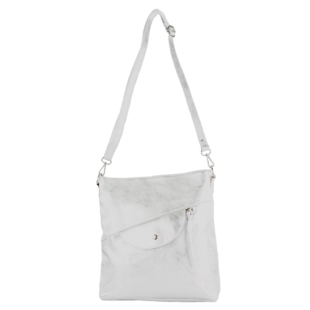 modamoda de - T223 - ital. Umhängetasche Schultertasche Medium aus Leder Silber-metallic, Silber-met