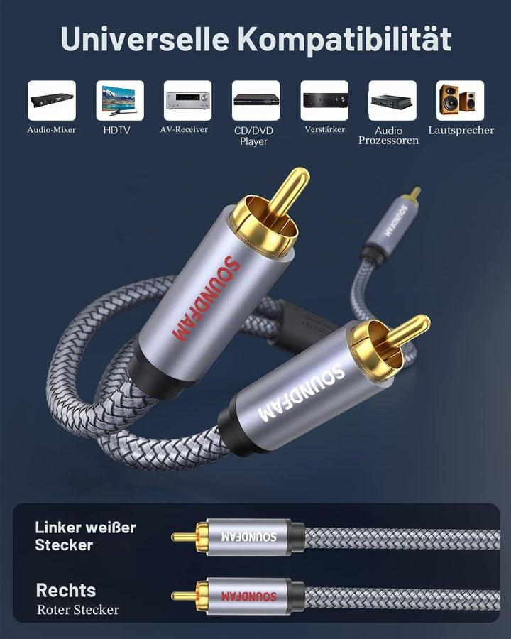 SOUNDFAM Cinch Y Kabel - 2M - Cinch Splitter Kabel 1-Cinch auf 2-Cinch RCA Stereo Audio Kabel für Su