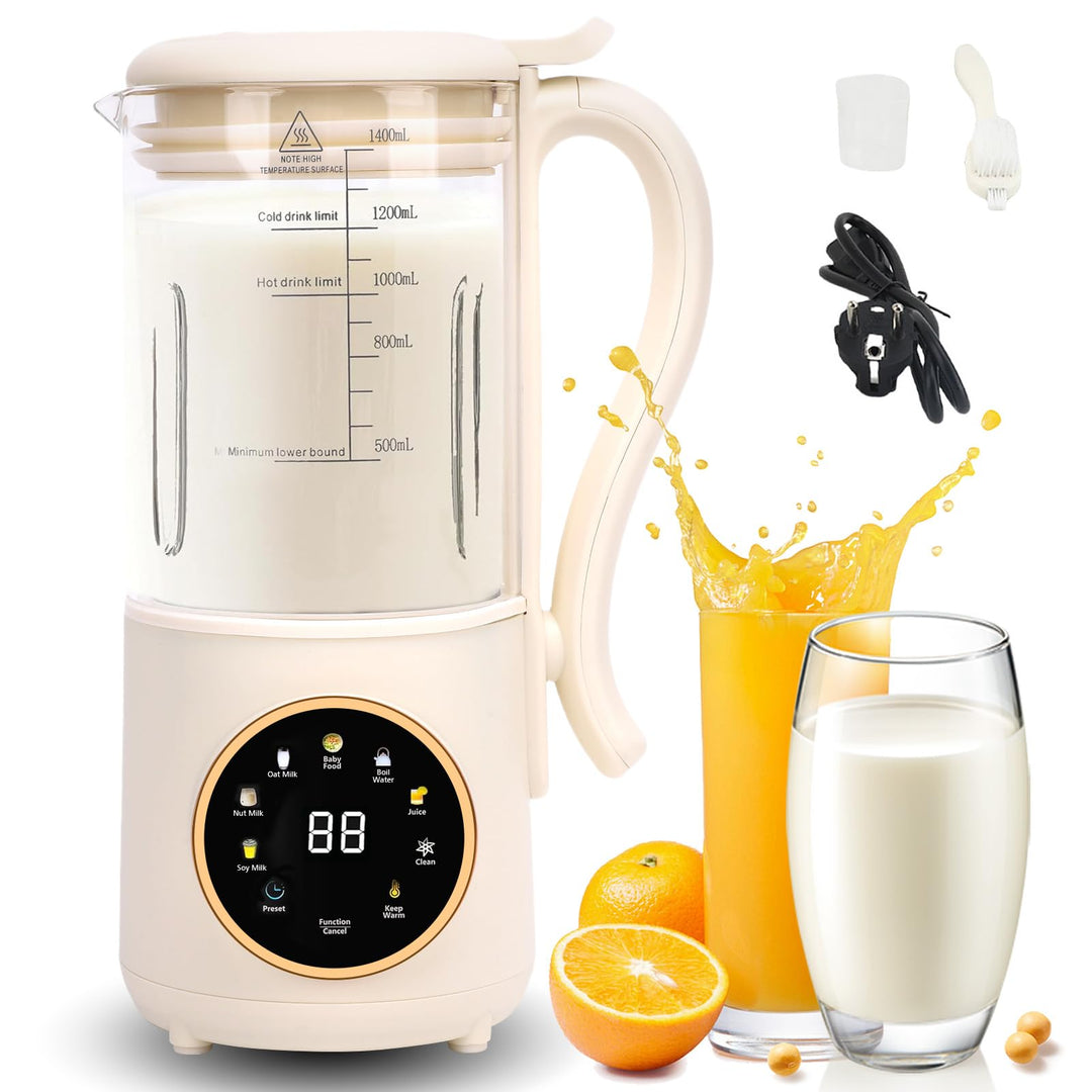 Sojamilch Maschine, 1400ml Automatische Nussmilchmaschine mit 16 Klingen, LED Anzeige, Verzögerungss